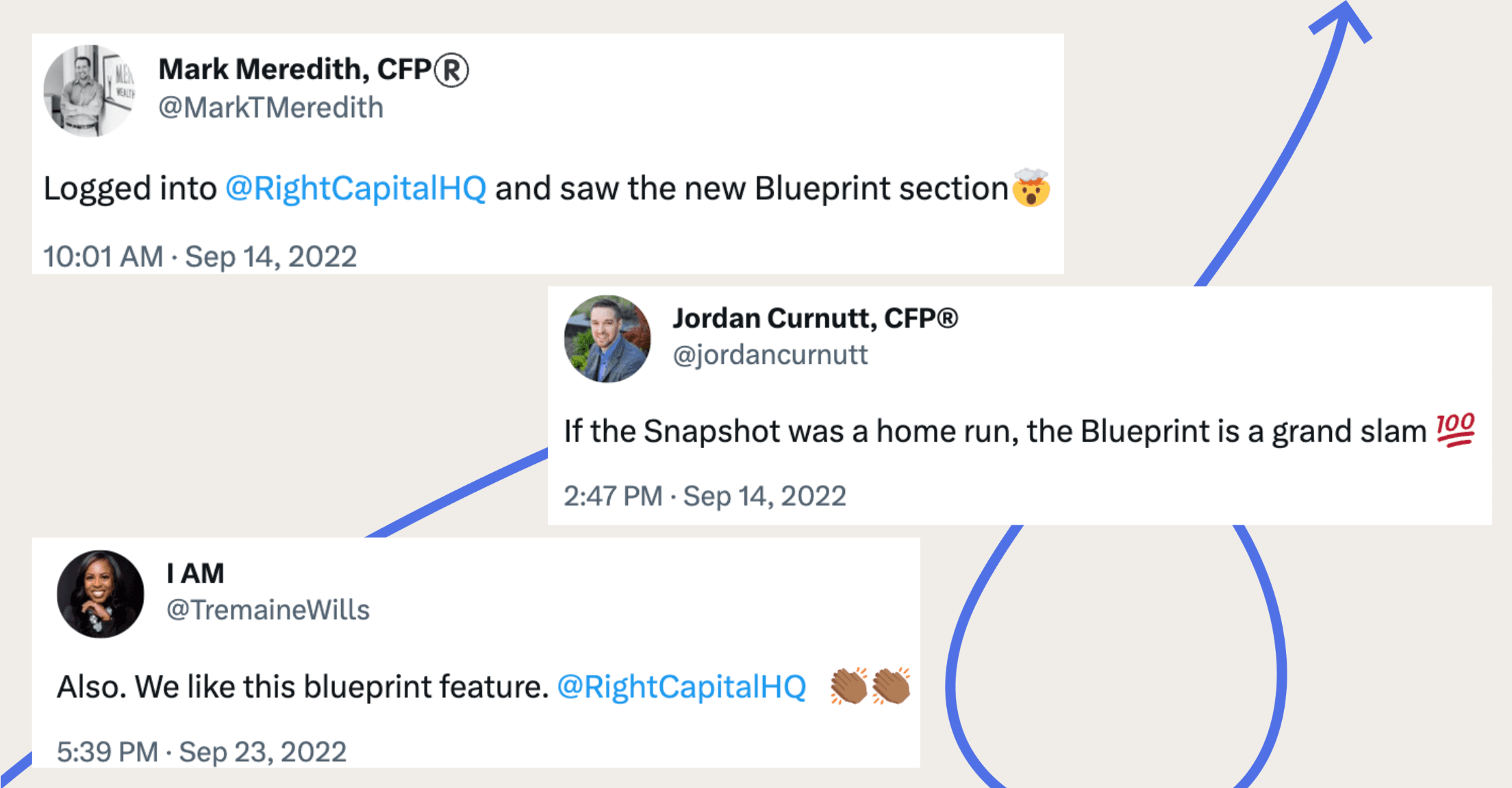 Tweets about how much advisors love the Blueprint feature within RightCapital