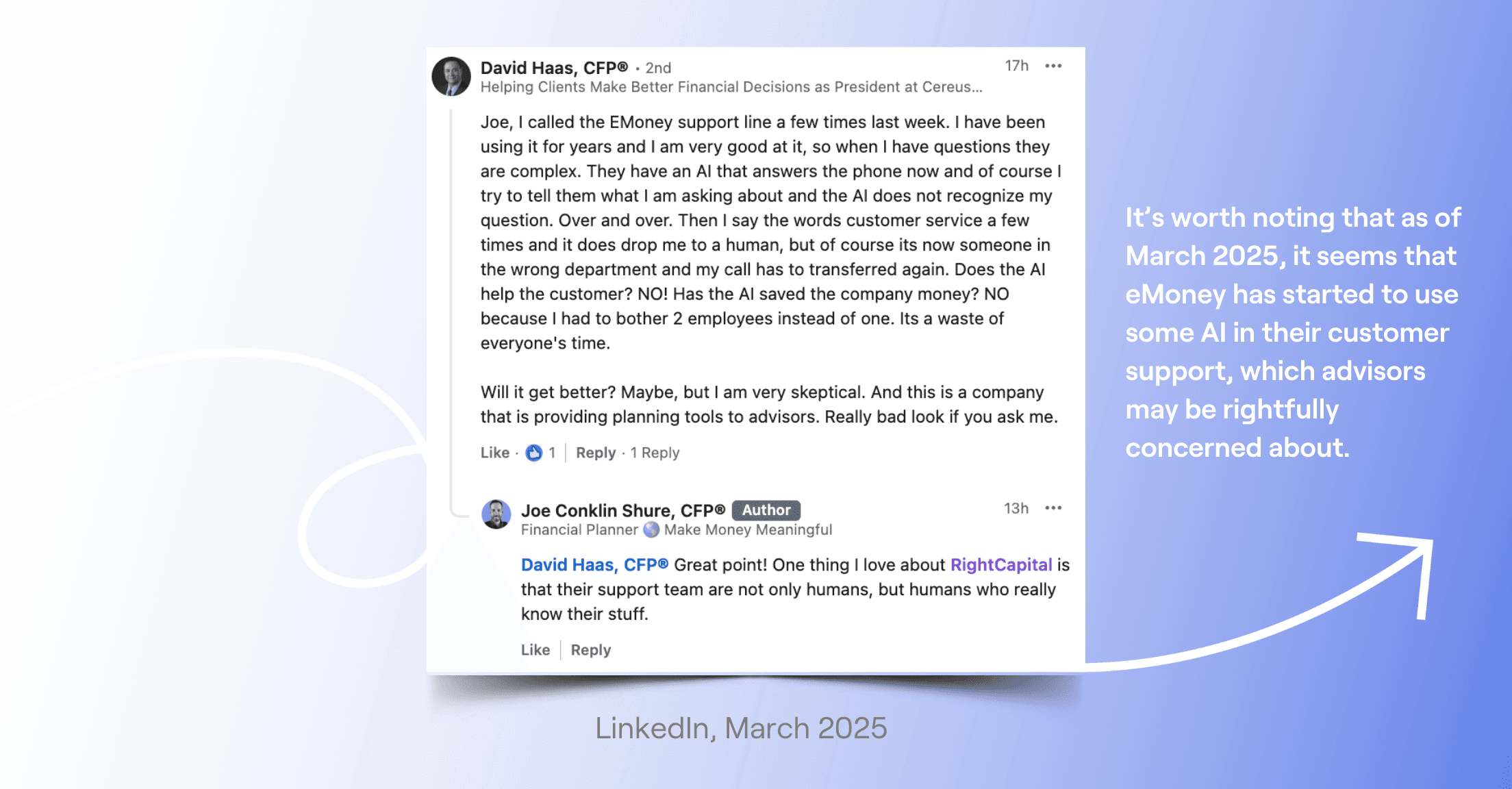 Two advisors speaking on LinkedIn about eMoney support using robots to answer their phones