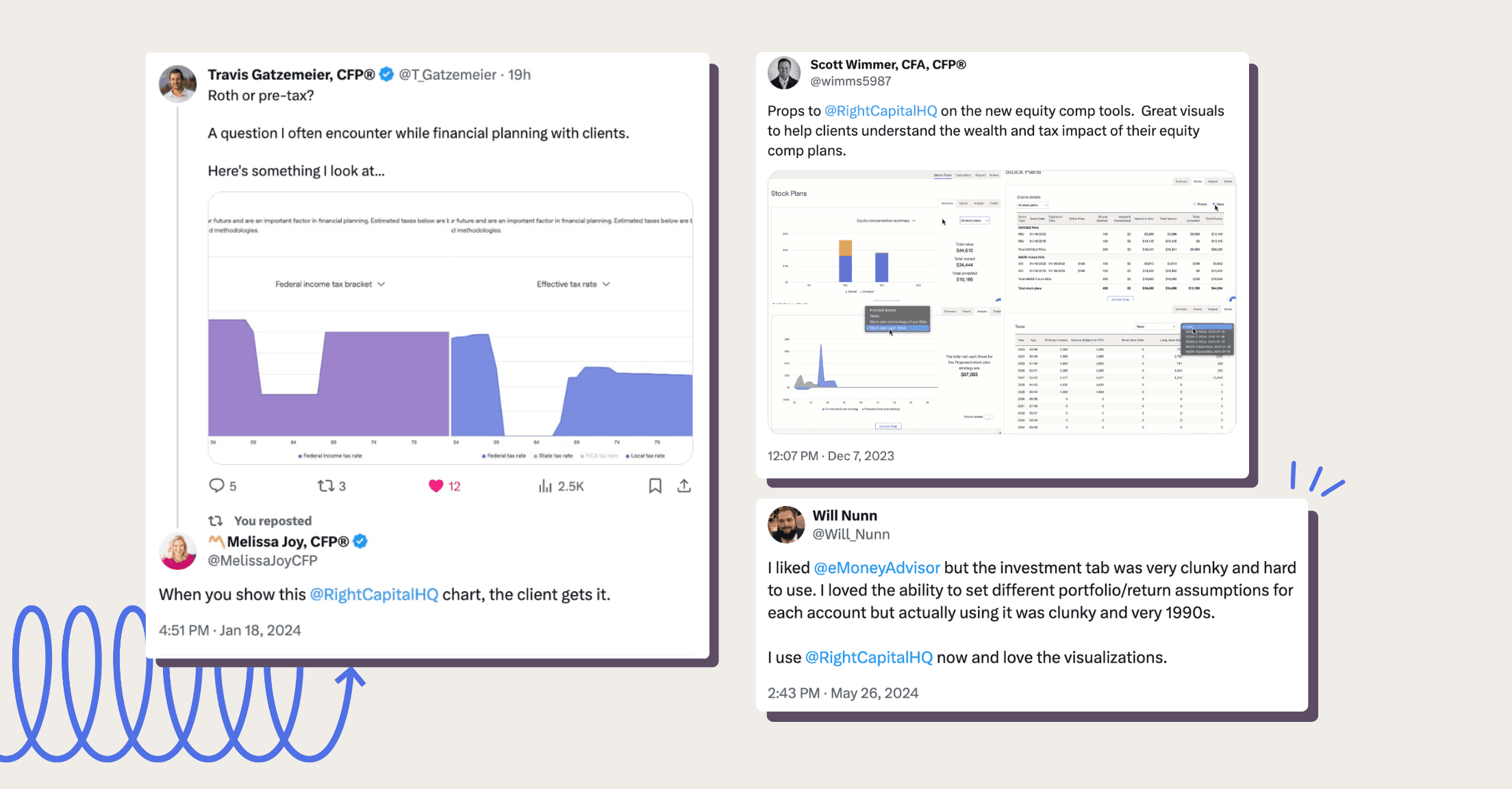 Social media posts about how much financial advisors love the visualizations within RightCapital’s financial planning software