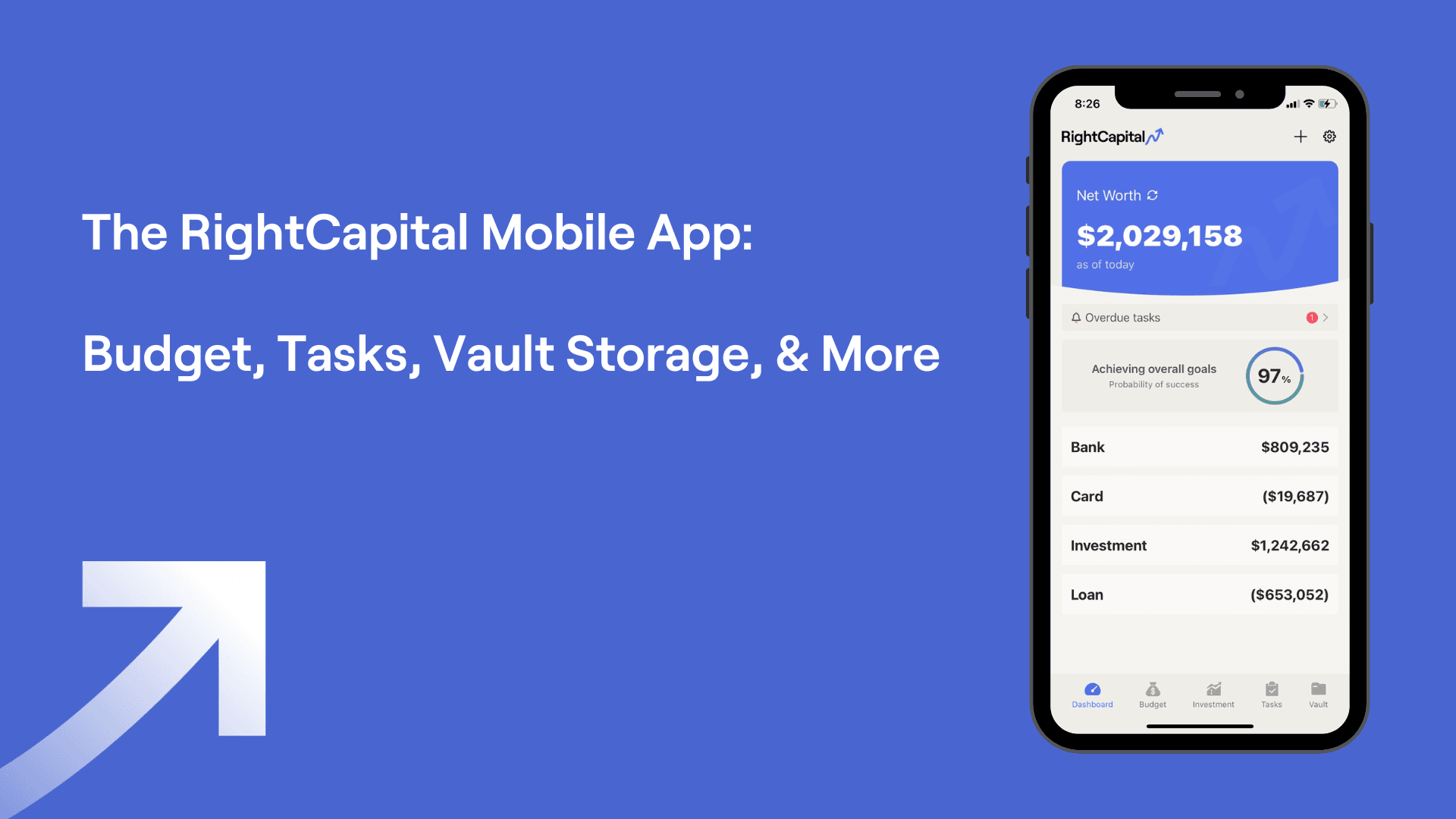 Text of "RightCapital Mobile App—Budget, Tasks, Vault Storage, & More" and screenshot of RightCapital mobile app on a phone