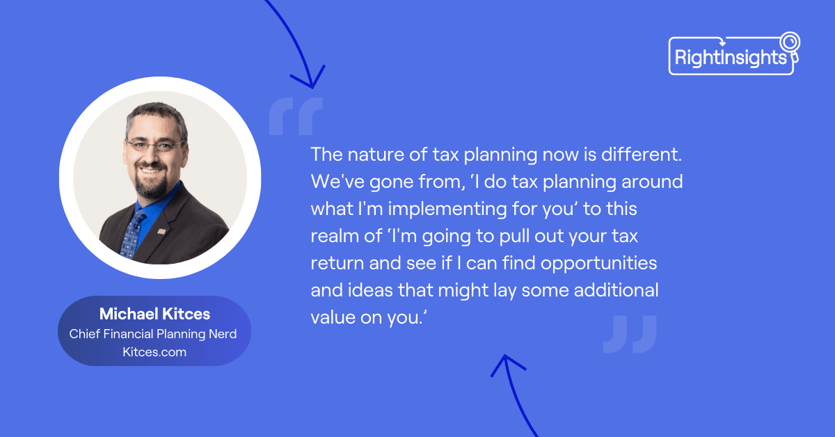 Michael Kitces quote, "The nature of tax planning now is different. We've gone from, ‘I do tax planning around what I'm implementing for you’ to this realm of ‘I'm going to pull out your tax return and see if I can find opportunities and ideas that might lay some additional value on you.’"