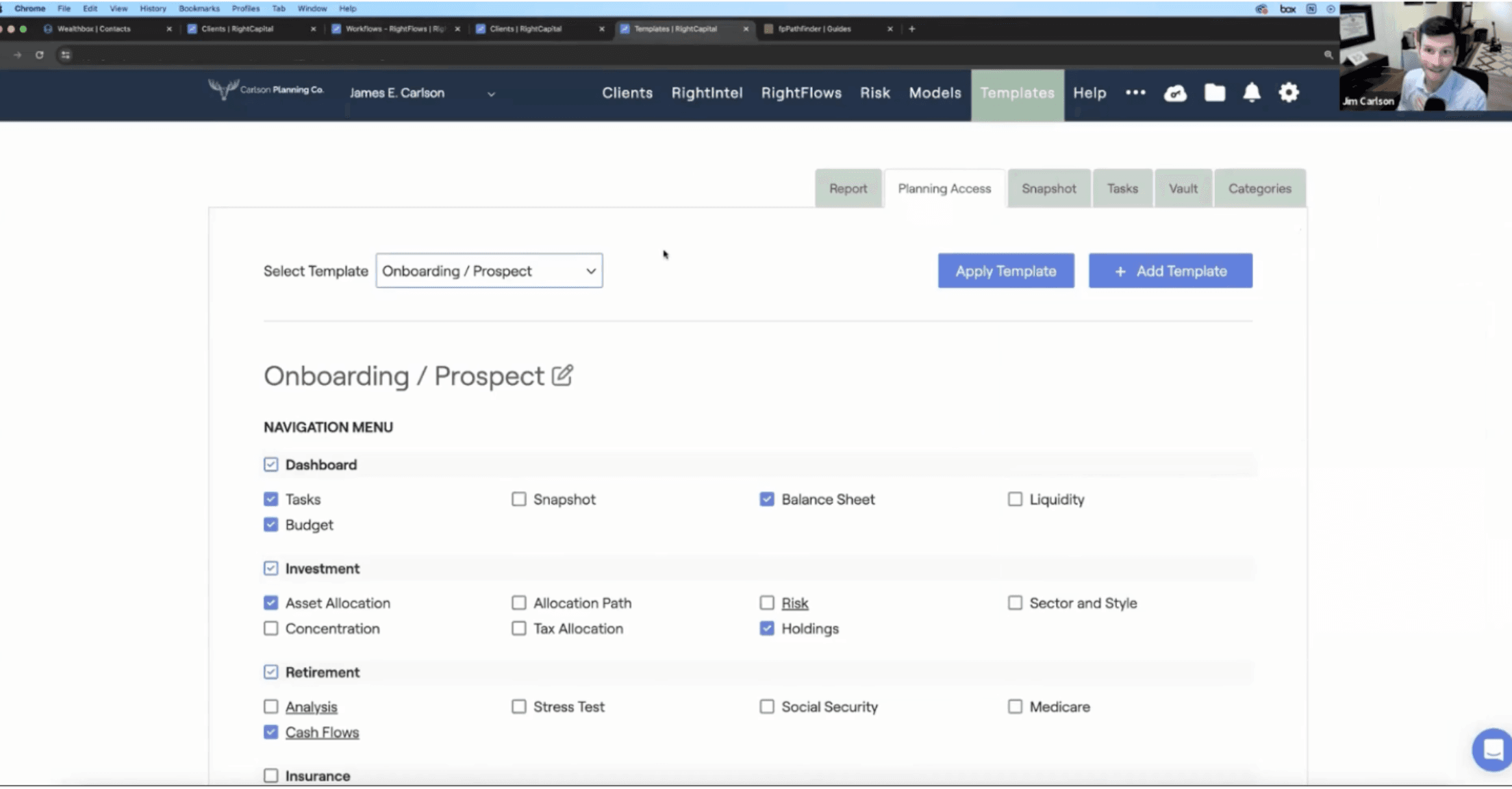Jim Carlson screenshare of personalizing client access within RightCapital