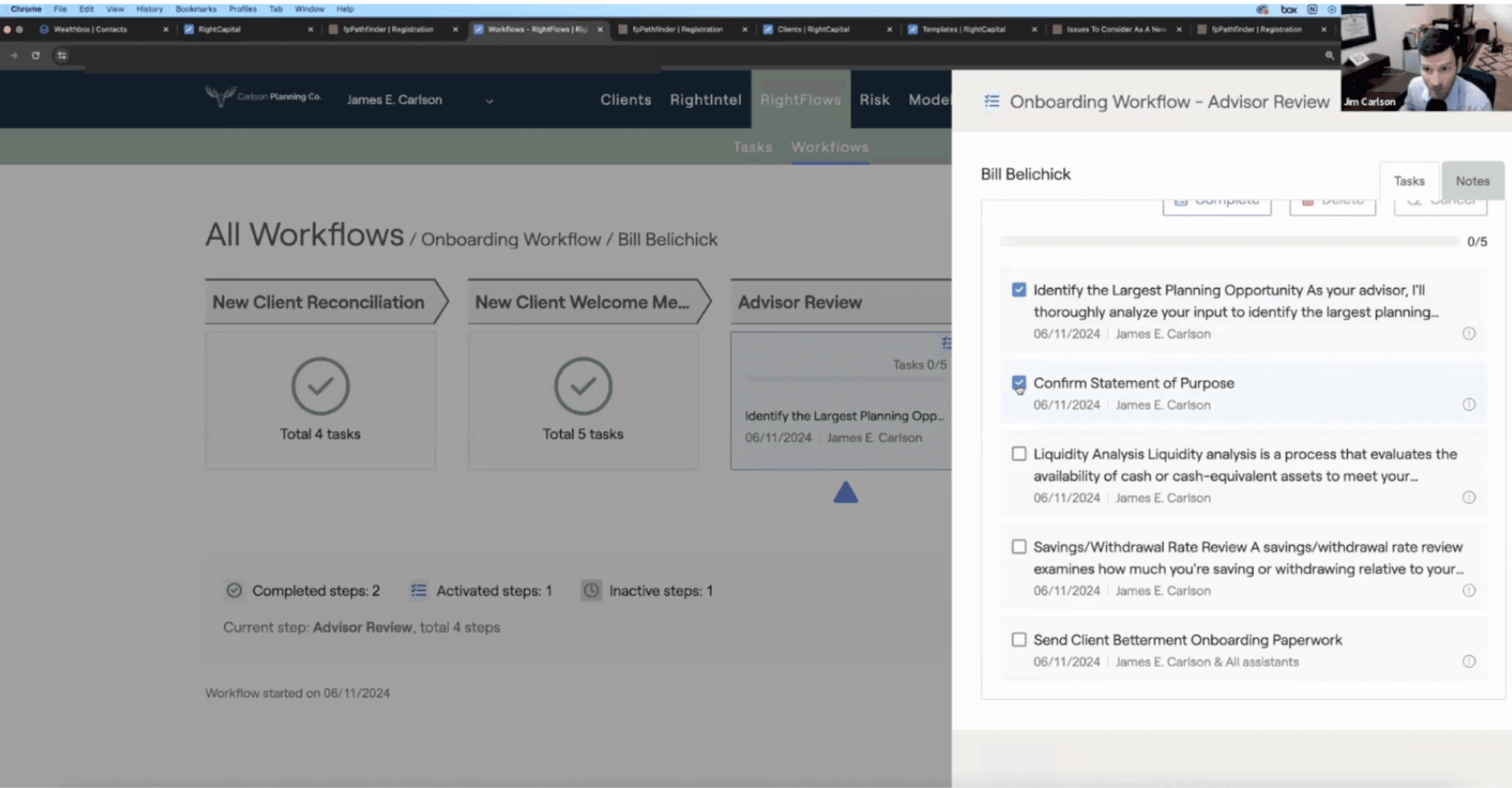 Jim Carlson screenshare of advisor tasks in onboarding workflow within RightCapital