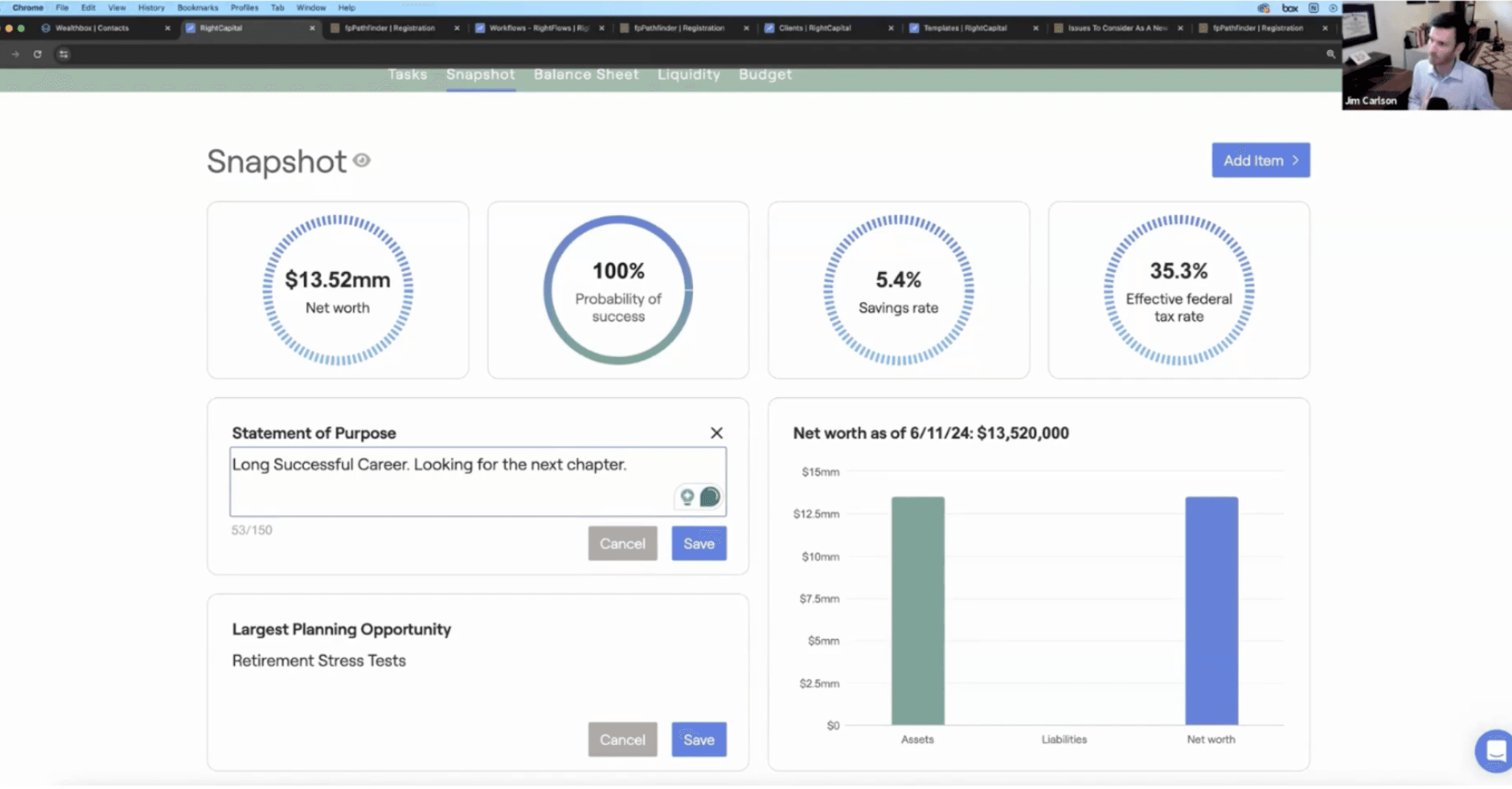 Jim Carlson screenshare of the Snapshot within RightCapital