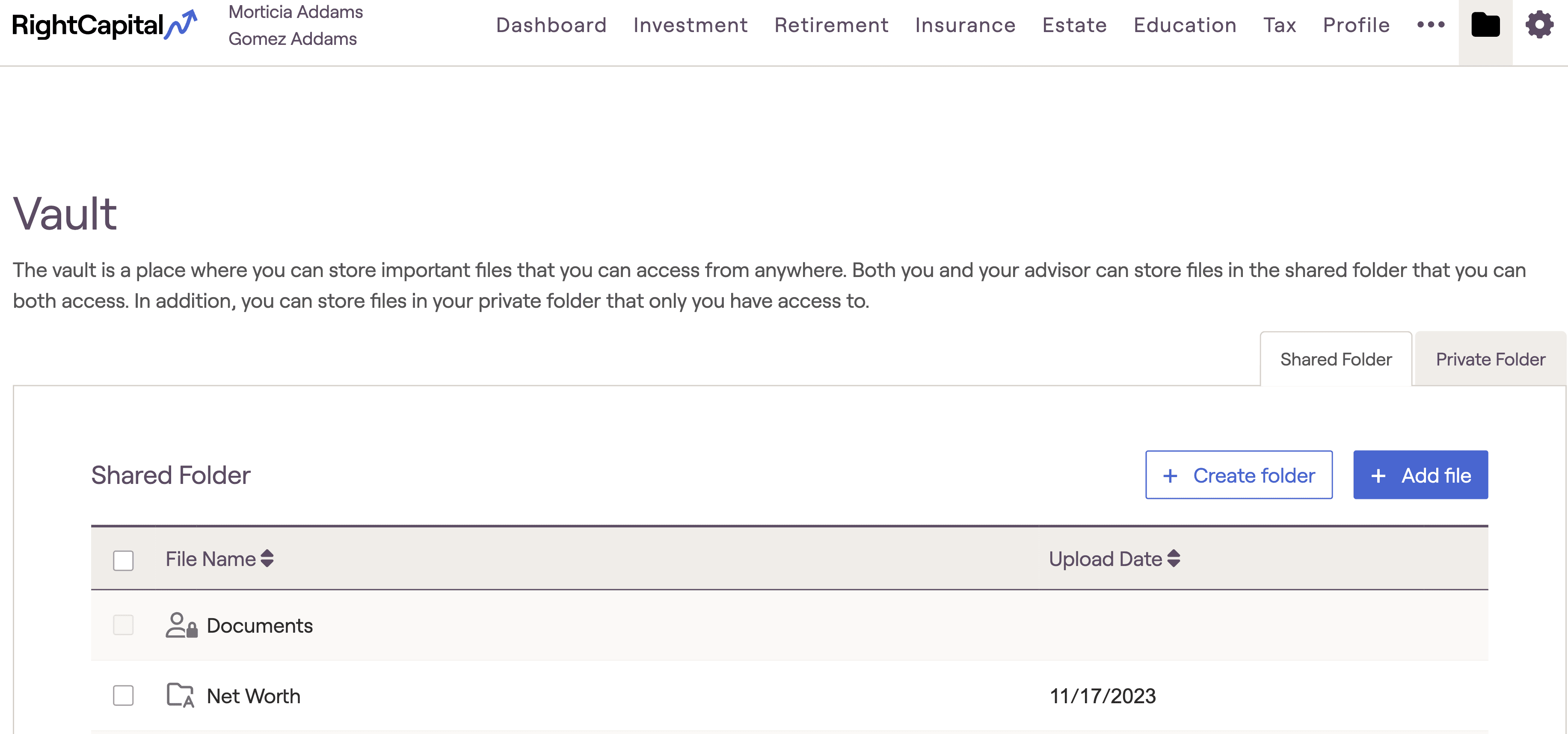 Screenshot of RightCapital's client portal and Vault