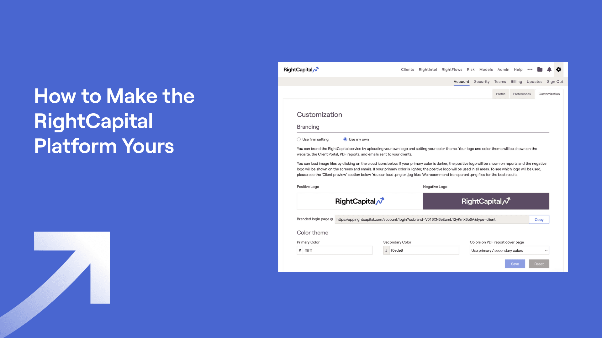 Screenshot of RightCapital's customization and branding options and text "How to Make the RightCapital Platform Yours"