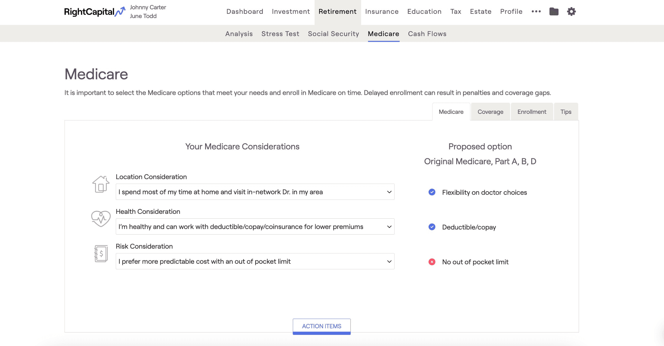 RightCapital Medicare Dashboard screenshot showing location, health, and risk considerations