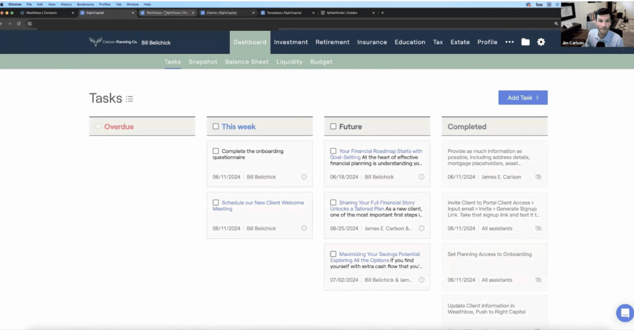Jim Carlson screenshare of Tasks within RightCapital