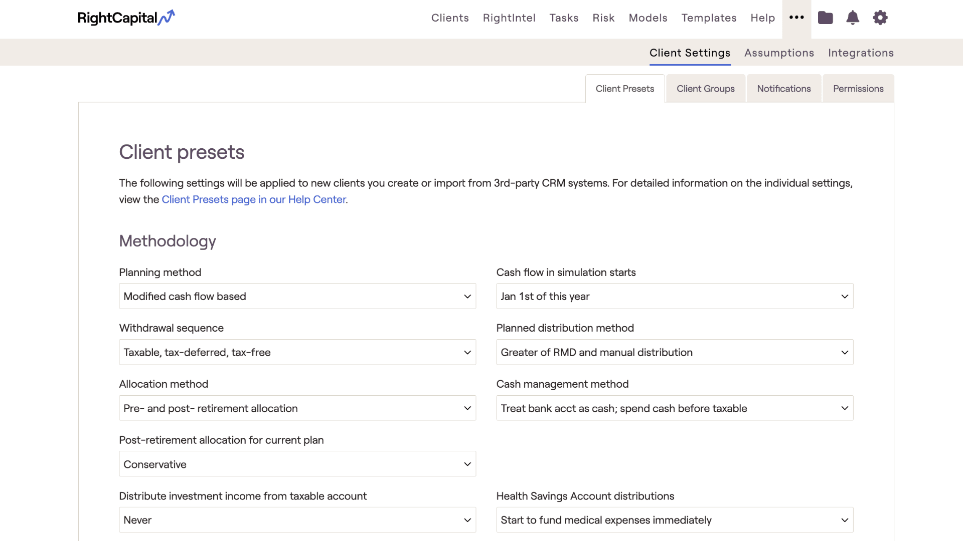 Screenshot of RightCapital's Client Settings section within the advisor portal
