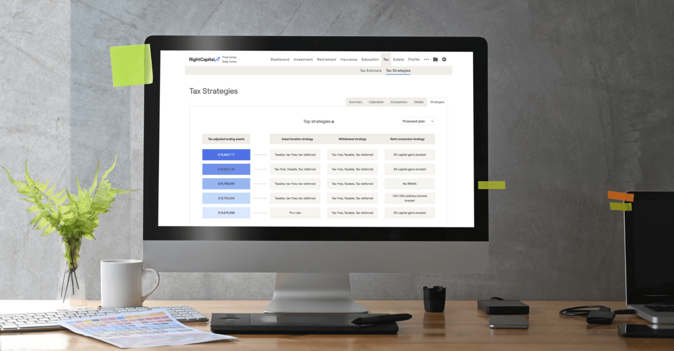 Computer screen with screenshot of RightCapital's one-click tax strategies