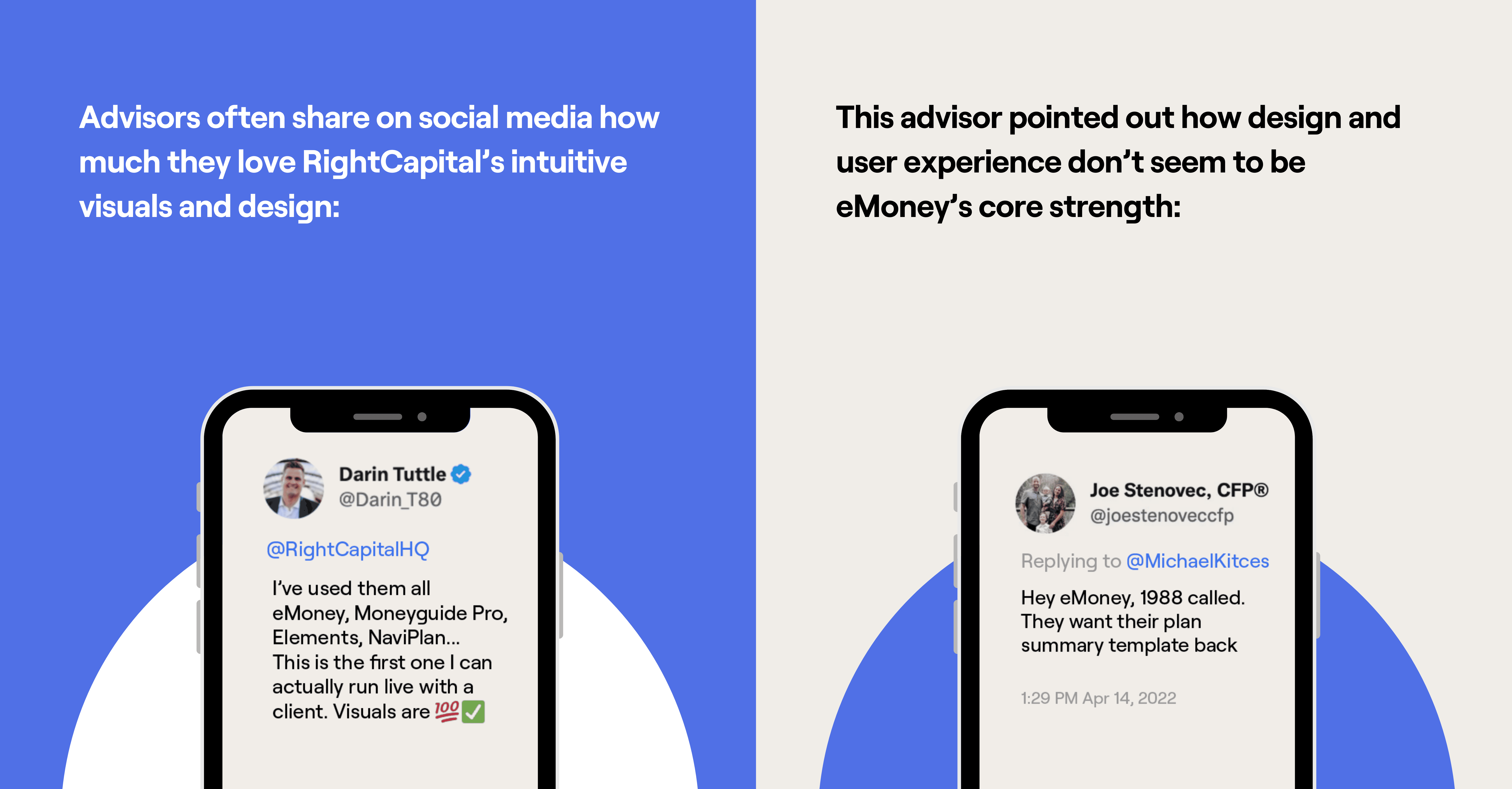 Advisor tweets about the difference between RightCapital's and eMoney's visuals