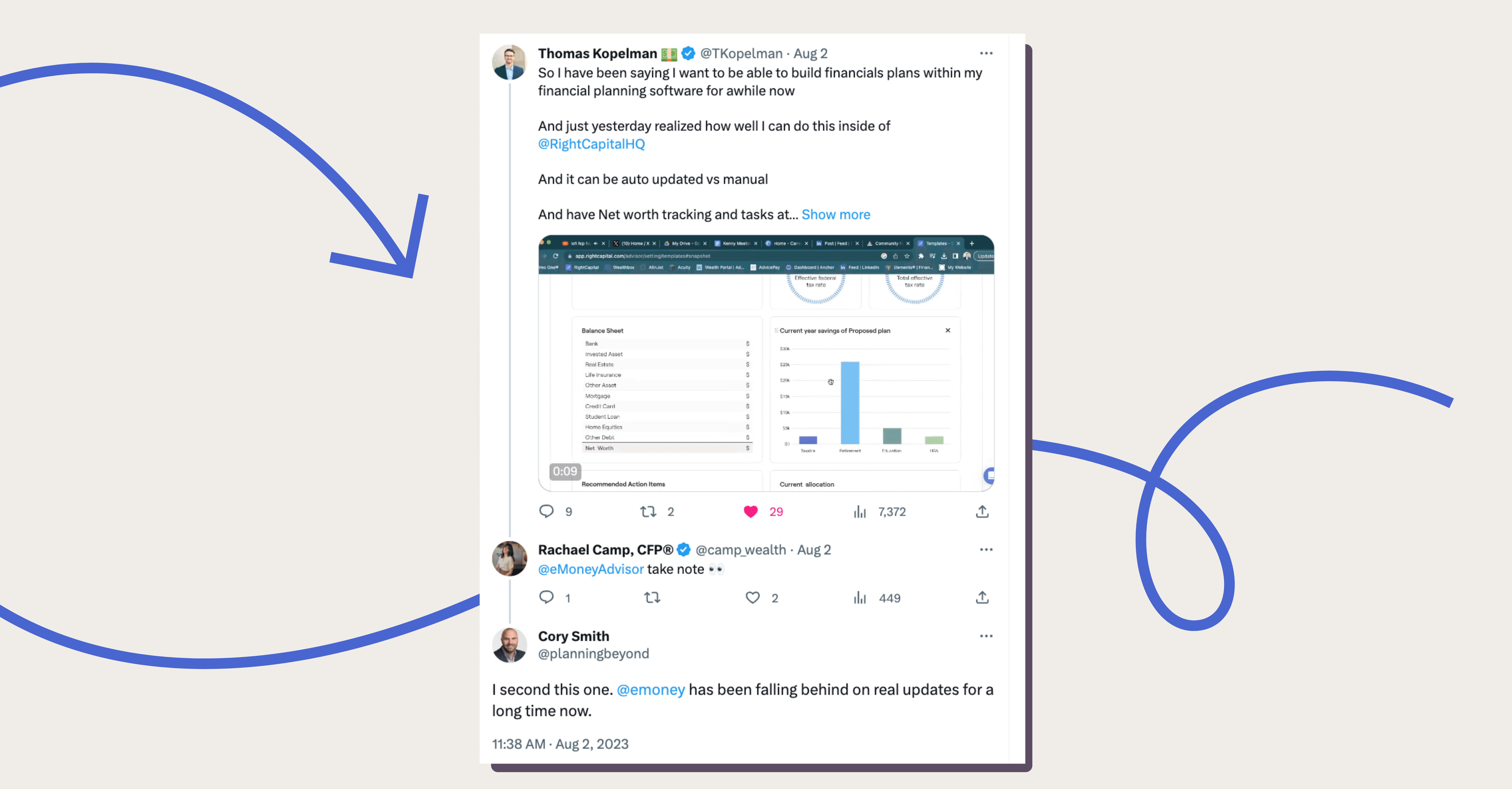 Tweets showing a RightCapital Snapshot screenshot and advisors responding for eMoney to take note and one saying "I second this one. eMoney has been falling behind on real updates for a long time now."