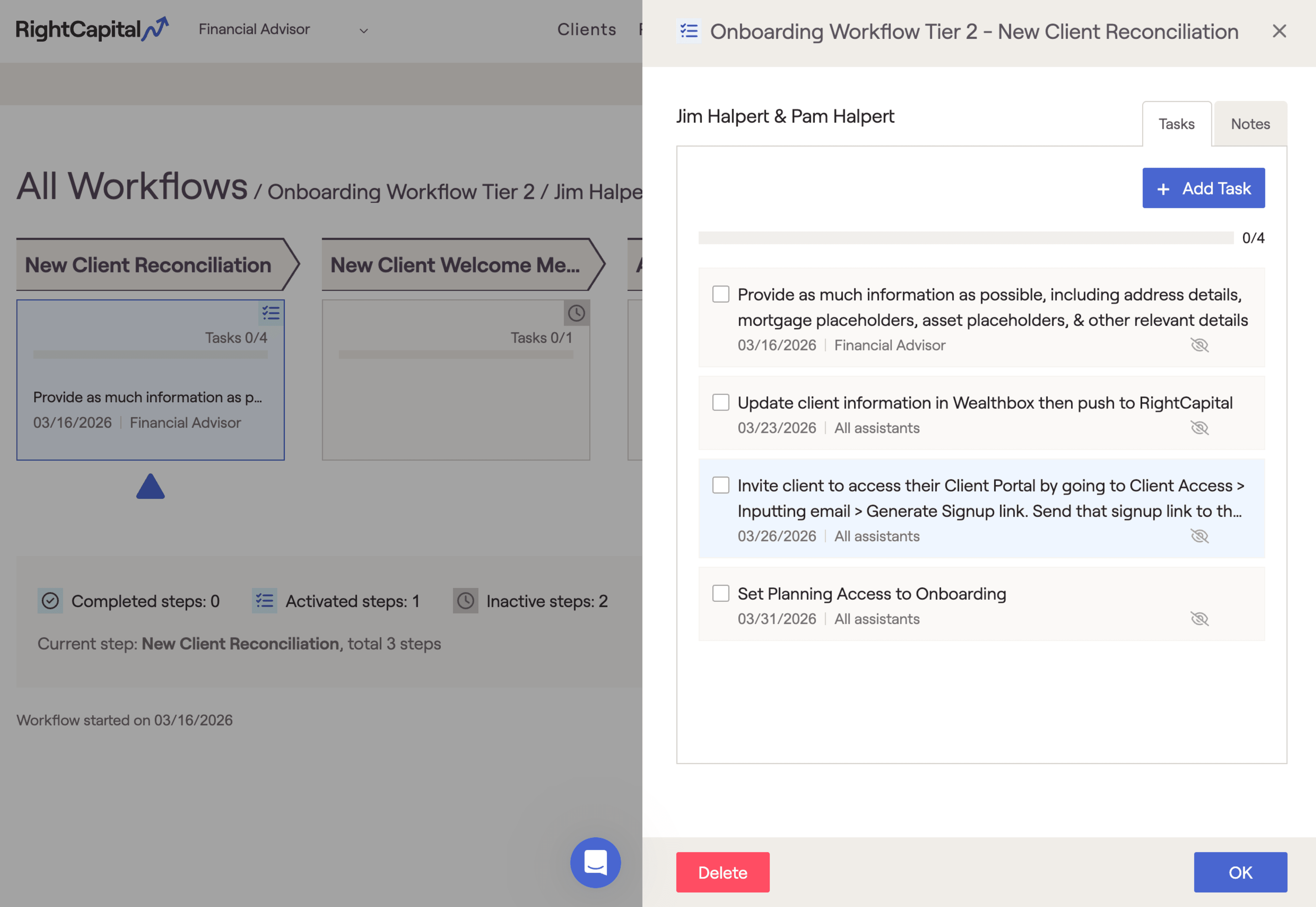RightCapital screenshot showing the onboarding process within RightFlows