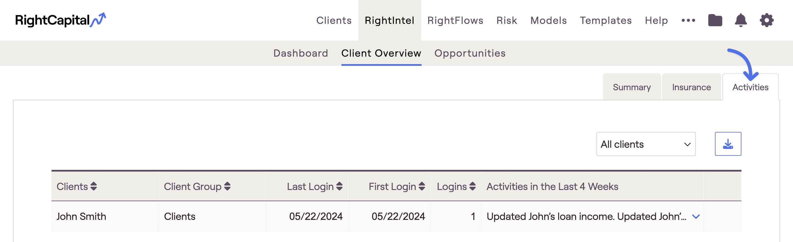 RightCapital screenshot of RightIntel business intelligence dashboard with client activity