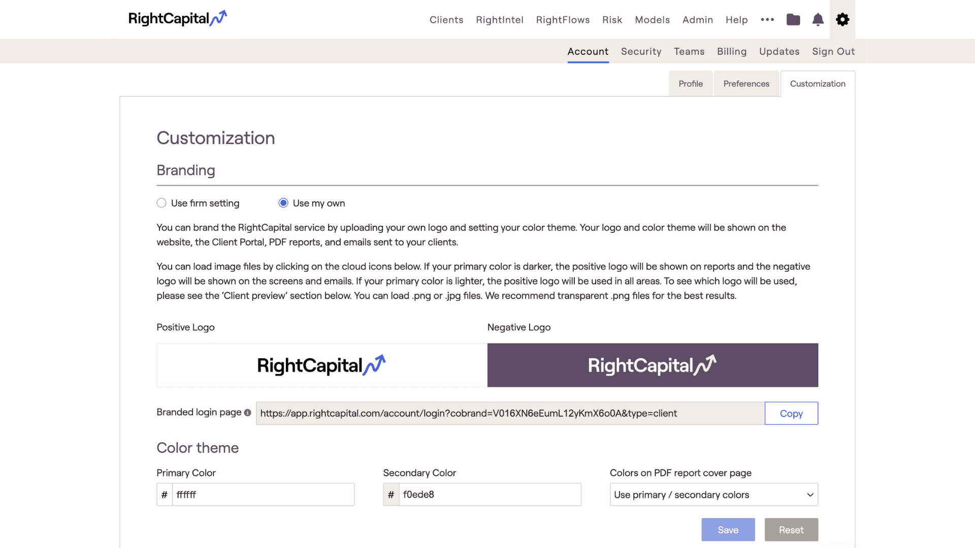 Screenshot of RightCapital's customization section within the advisor portal
