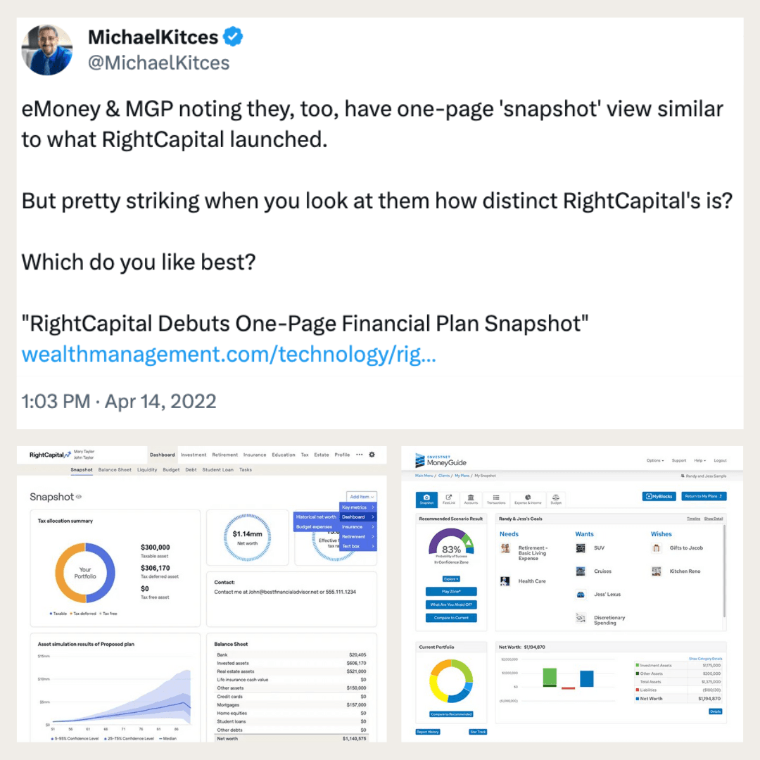 Comparison of RightCapital's one-page view vs. MoneyGuidePro's one-page view in Michael Kitces tweet from April 2022