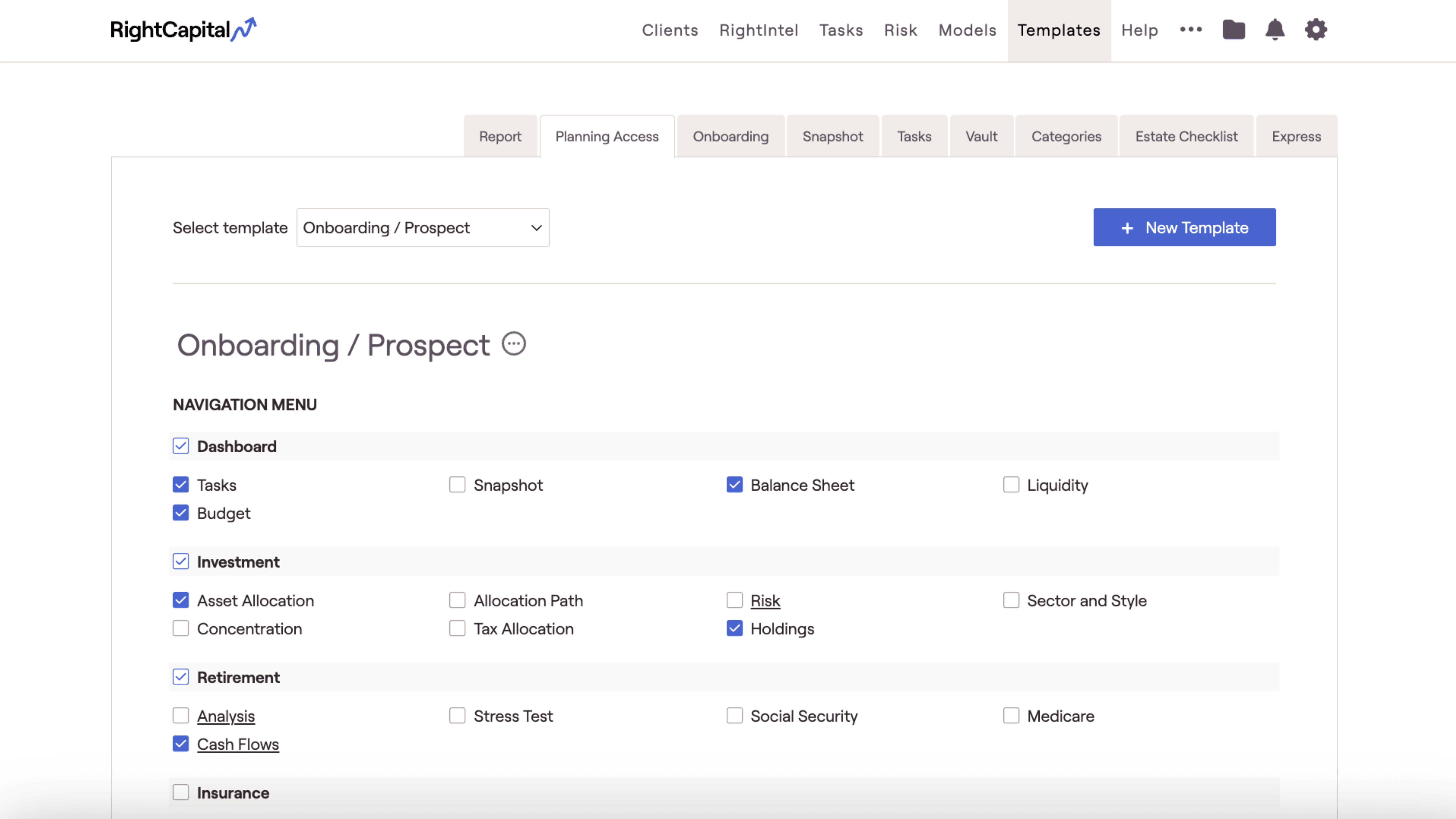 RightCapital screenshot showing the personalization available in the "Planning Access" tab